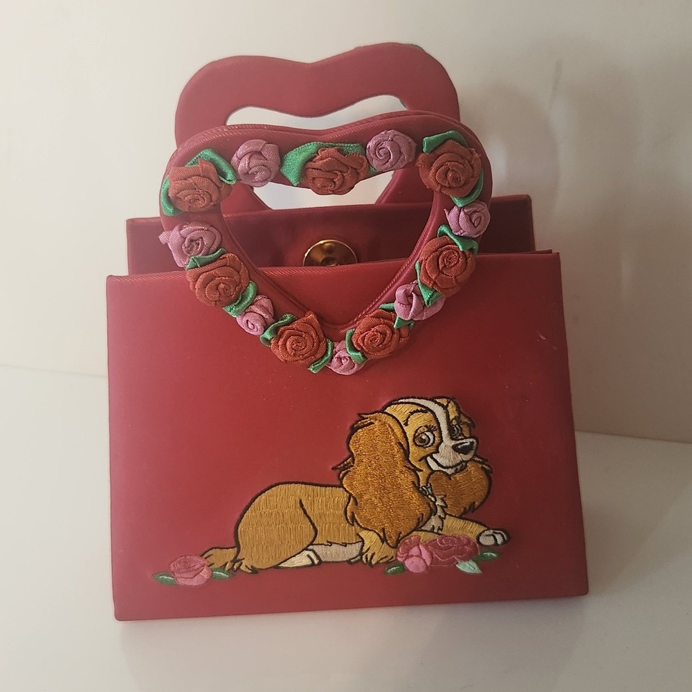 Disney Store Lady and the Tramp Red Satin Heart Handle Rose Handbag Vintage